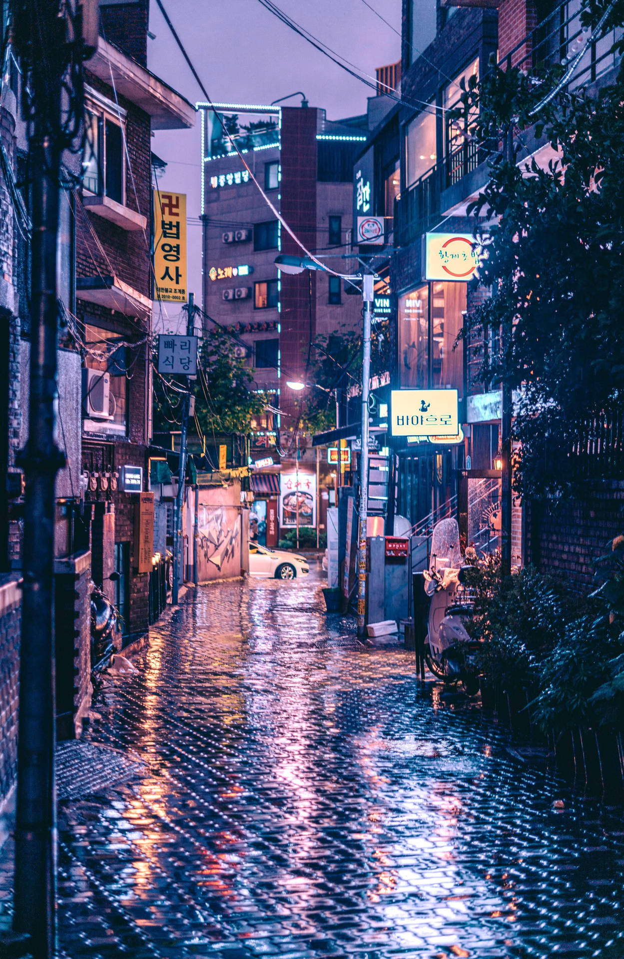 夜晚的雨巷，發光的霓虹燈招牌在濕漉漉的鵝卵石上反射。