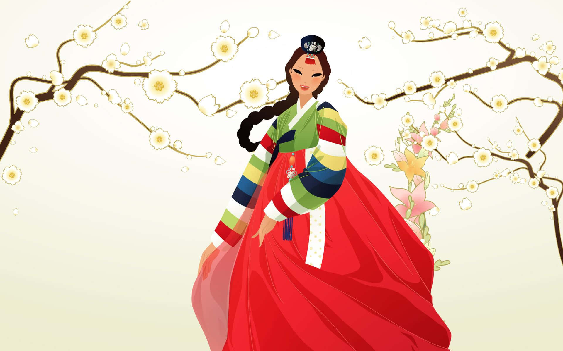 韓國風景之美 壁紙 — 一位優雅的女士身穿鮮豔的傳統韓國韓服，站在盛開的櫻花枝下。