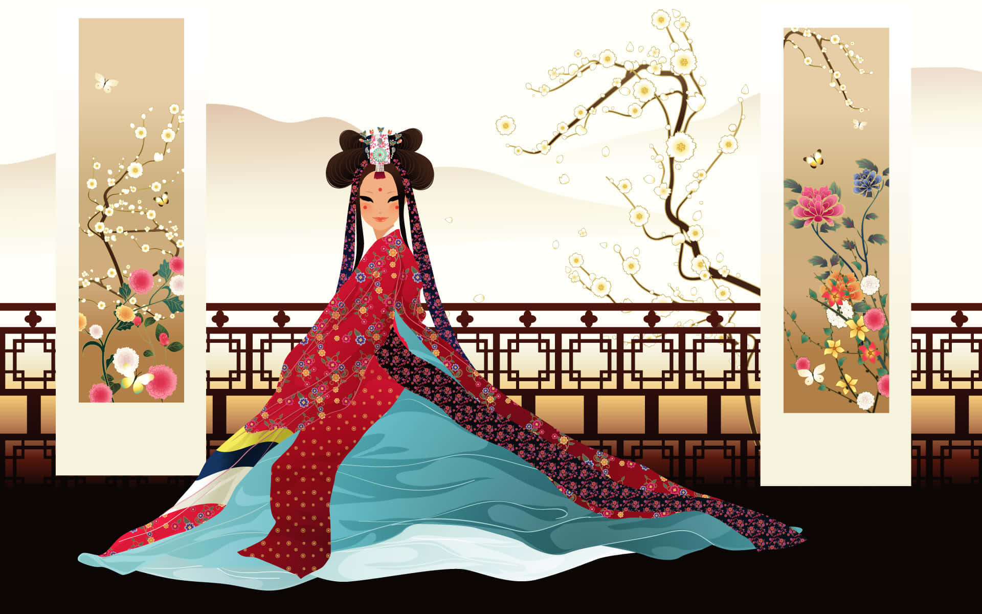 穿著傳統長袍的優雅女性，櫻花和蝴蝶