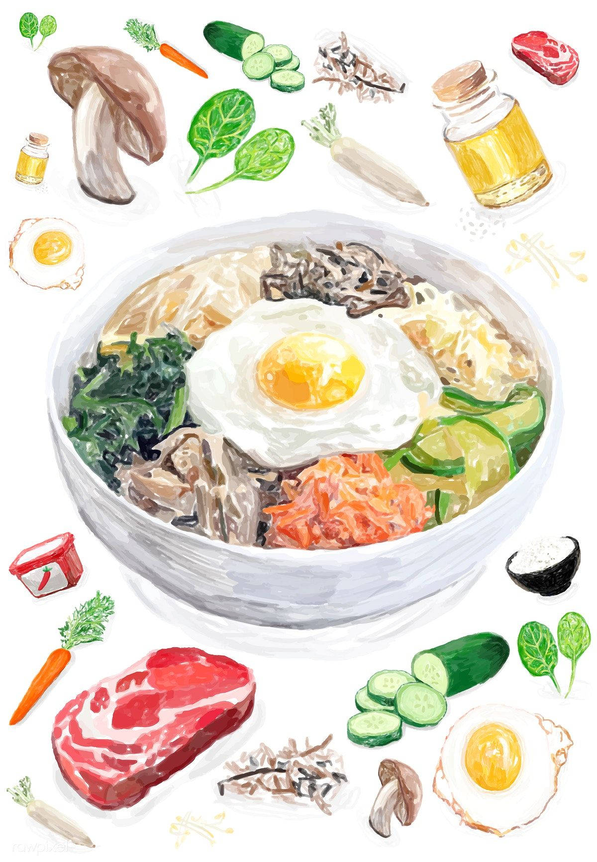 韓式拌飯水彩藝術 壁紙 — 一幅充滿活力的水彩插畫，描繪一碗冒著熱氣的韓國石鍋拌飯，上面放著一個太陽蛋，周圍散落著新鮮的食材。