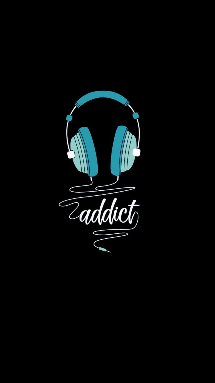 黑色背景上，草書「addict」上方有帶白色細節的青綠色耳機。