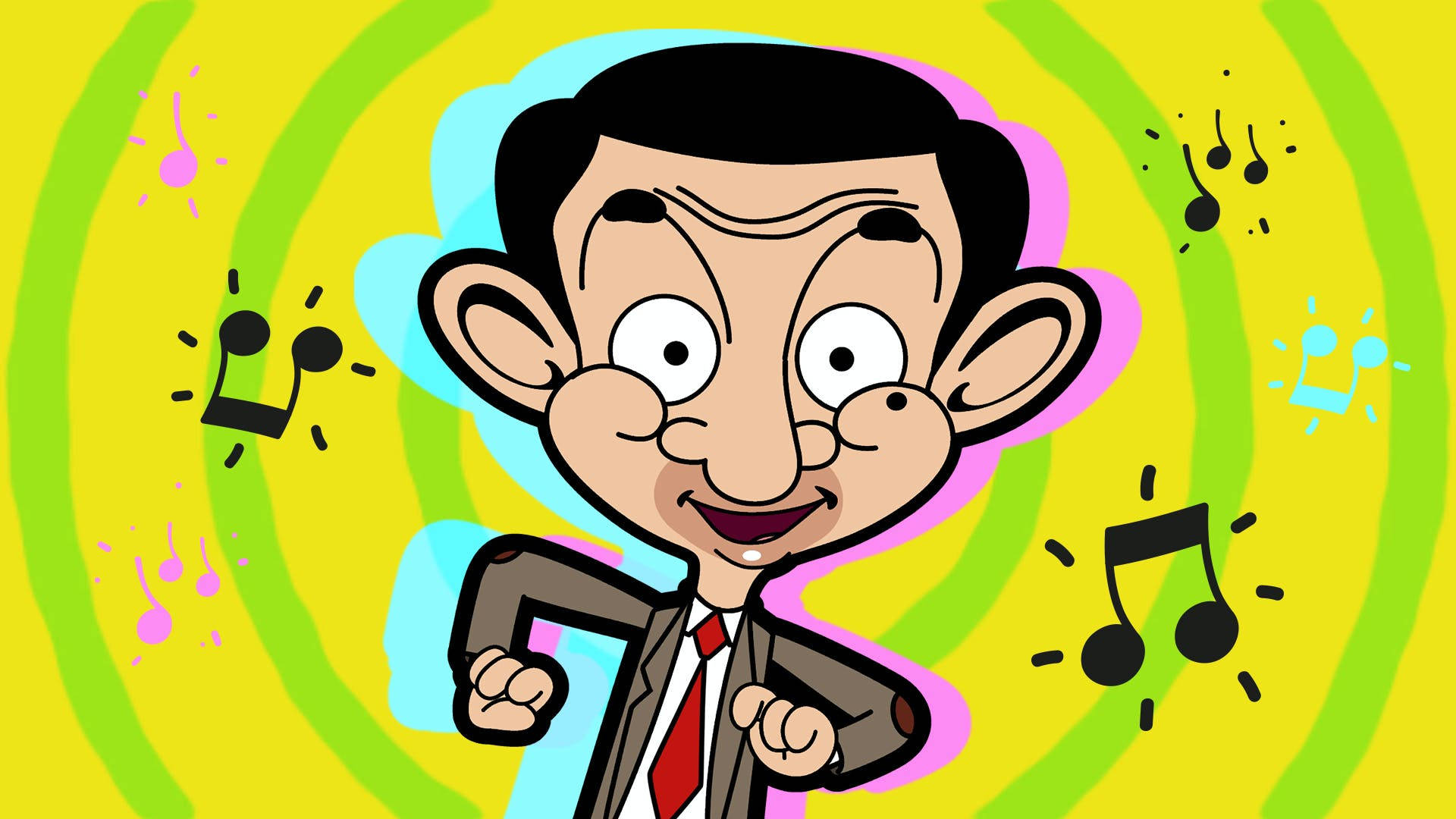 Mr Bean 在色彩繽紛的漩渦背景中與音符一起跳舞。