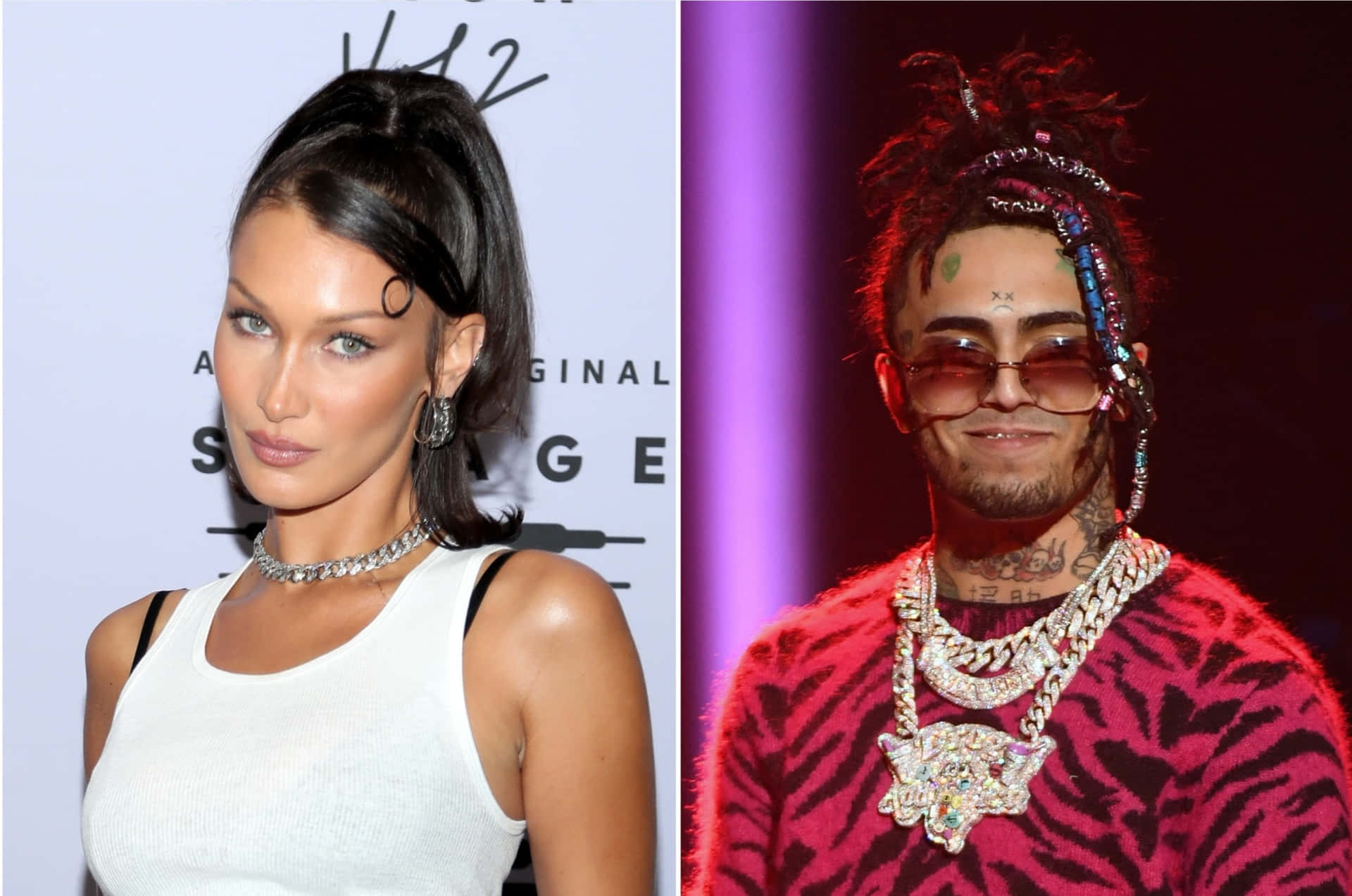 Bella Hadid和XXXTentacion在工作室肖像中佩戴珠寶和時尚服裝。