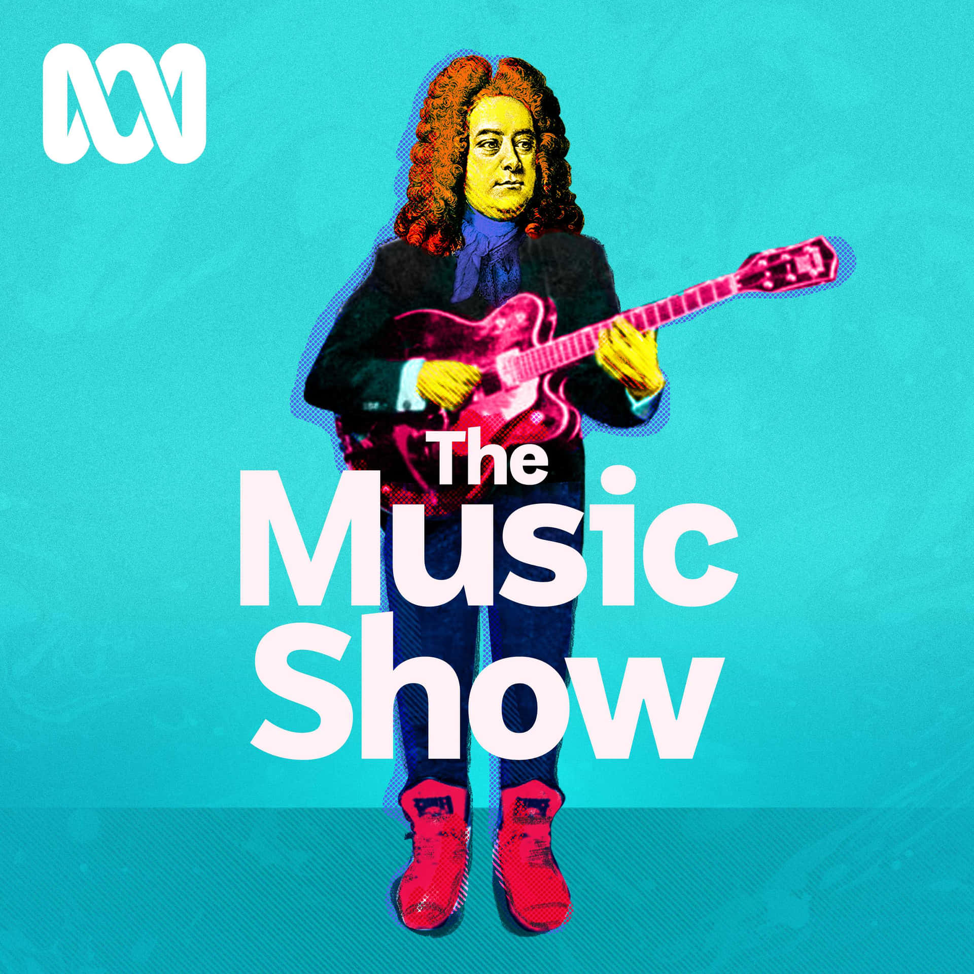 歷史人物彈奏粉紅色電結他，附有'The Music Show'文字。