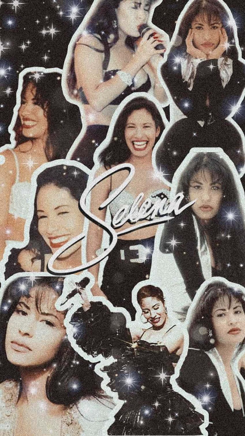 Selena Quintanilla 照片嘅星光背景拼貼，帶有閃爍效果。