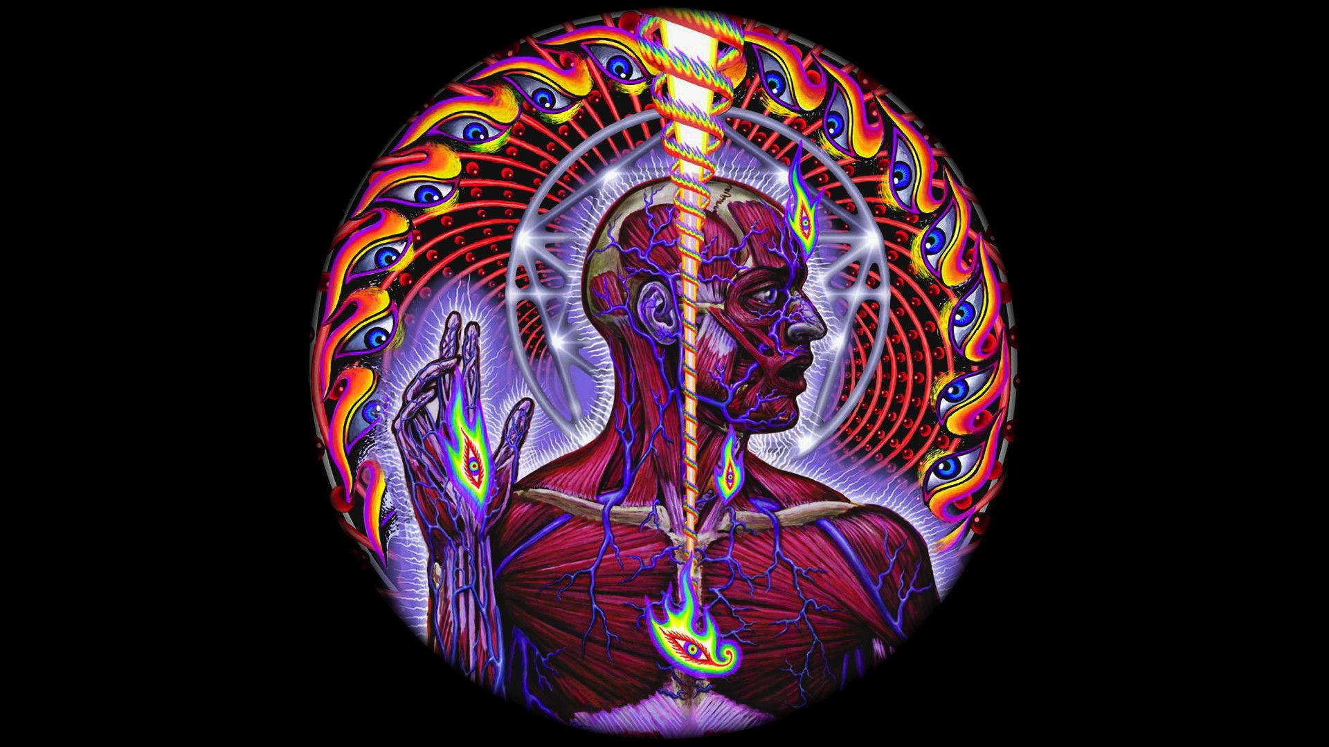 一個發光的人形，帶有眼睛和電能，採用迷幻圓形設計。