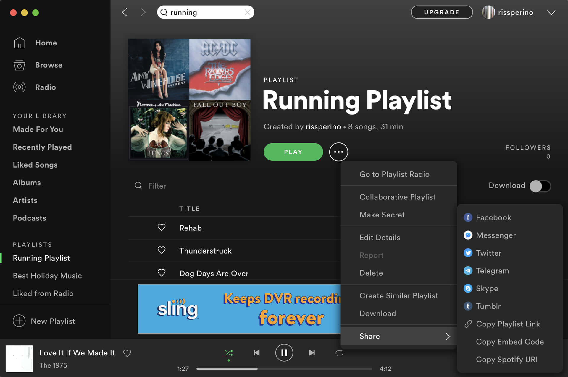 Spotify 應用程式顯示跑步播放列表，分享選項可見。