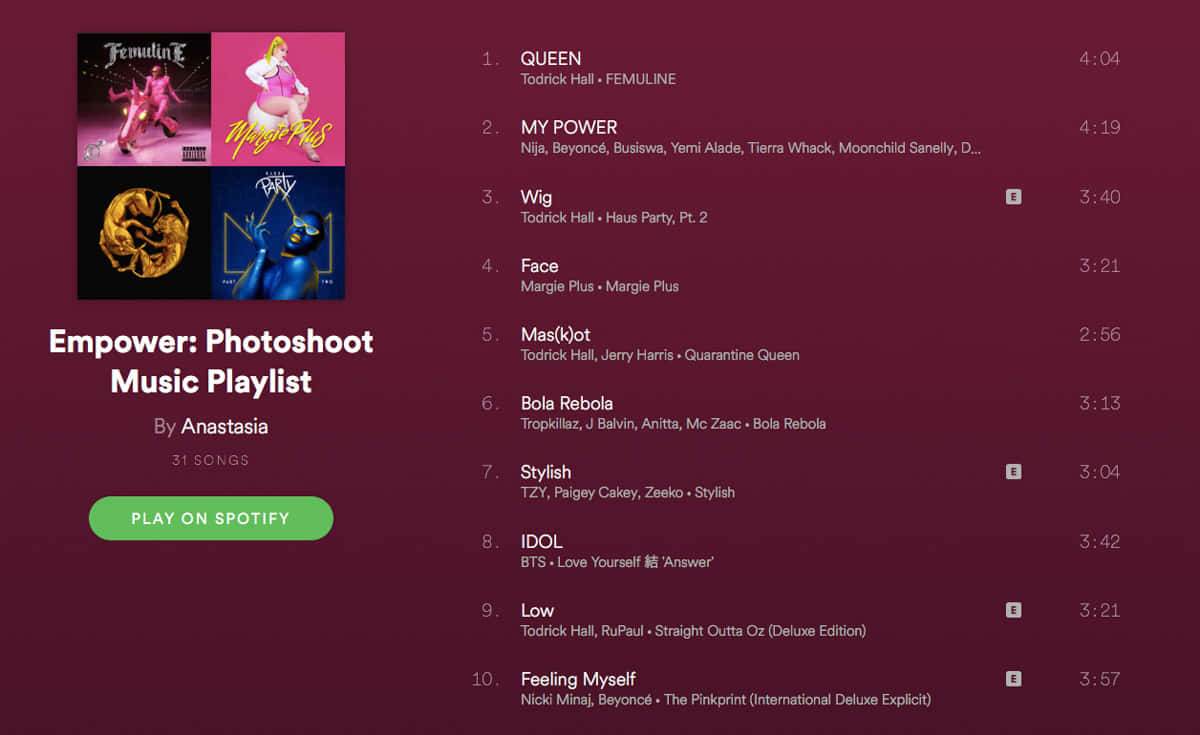名為Empower Photoshoot Music Playlist的Spotify播放清單，列出了31首歌曲。