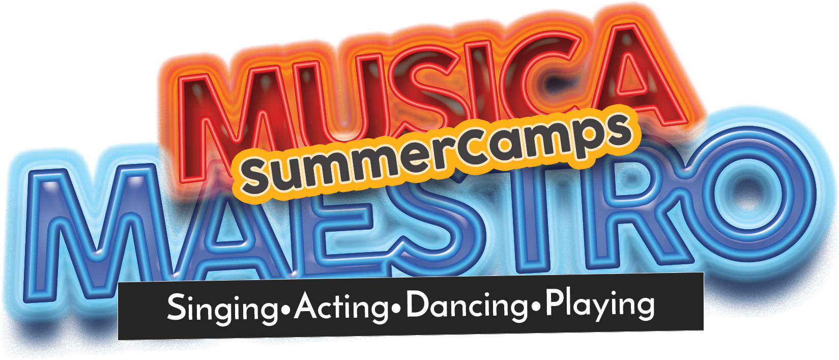 音樂大師夏令營橫幅 壁紙 — Musica Maestro Summer Camps 的鮮豔3D標誌，帶有發光的紅色和藍色文字，推廣唱歌、演戲、跳舞和演奏。