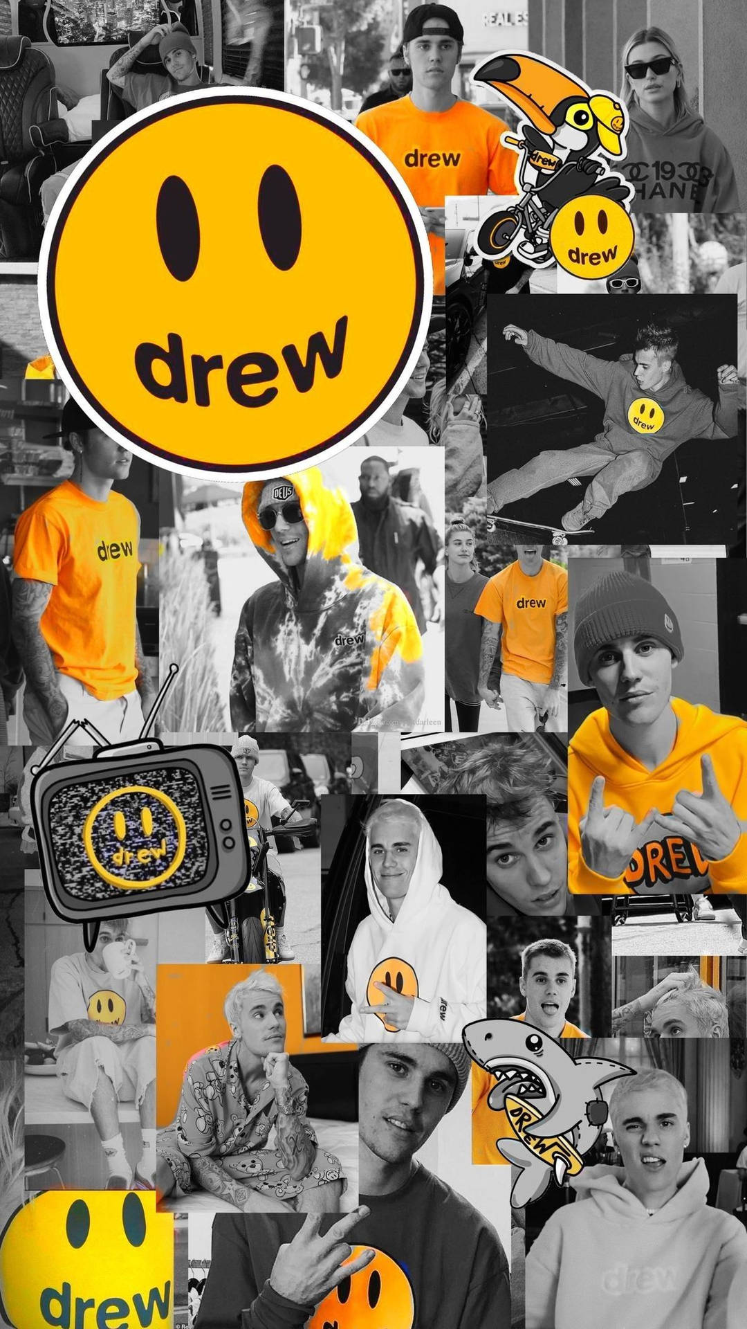 Justin Bieber照片與Drew House橙色笑臉標誌的拼貼畫。