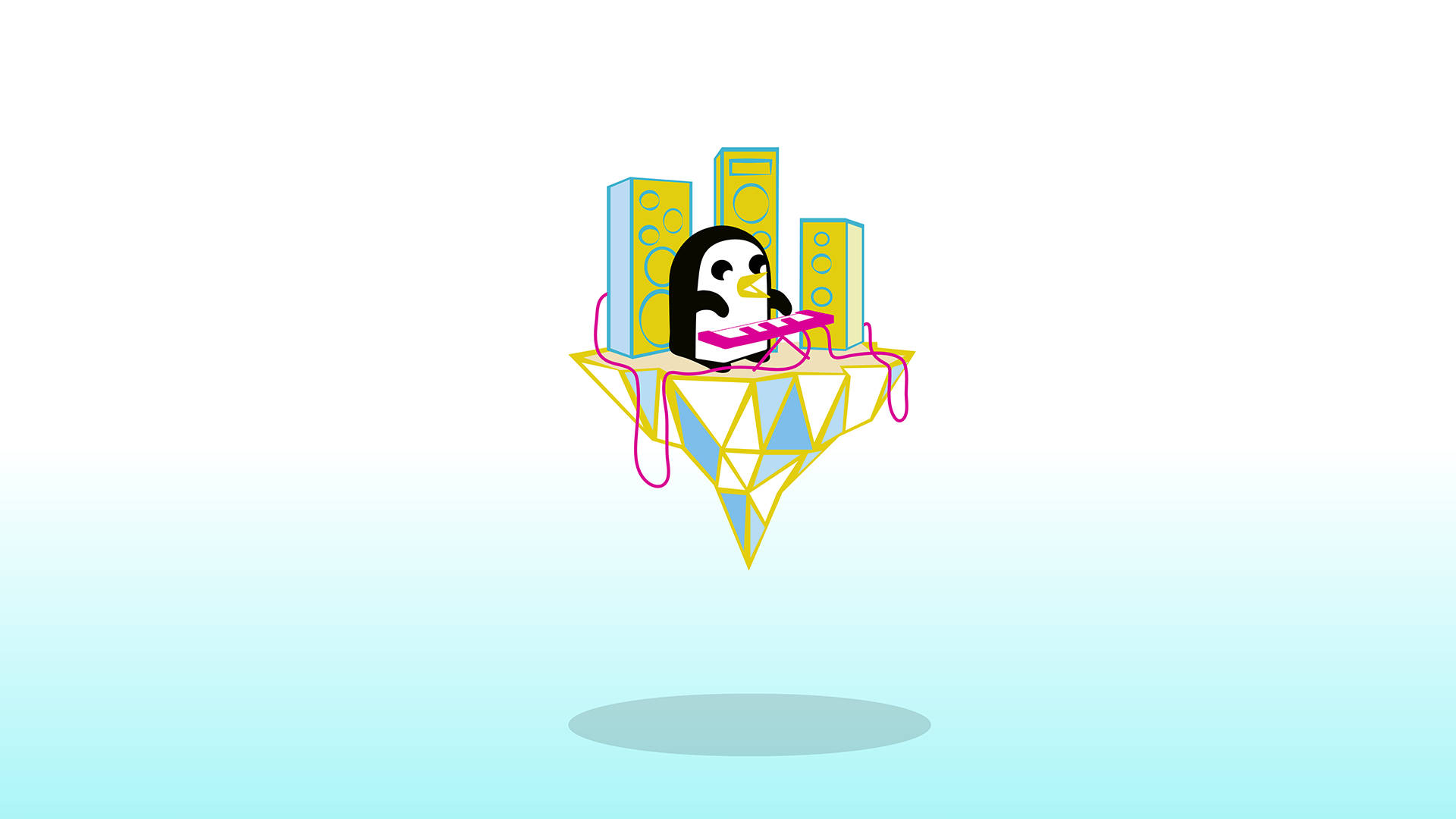 音樂家 Gunter Adventure Time 壁紙 — 一隻卡通企鵝在一個被揚聲器包圍的浮動幾何平台上彈奏粉紅色鍵盤。