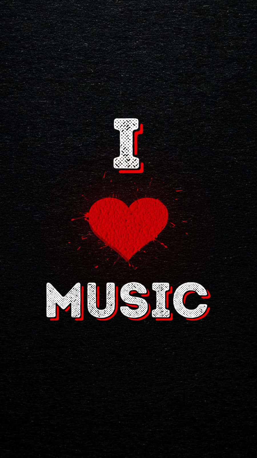 黑色背景上帶有紅色潑濺的I heart music文字圖形