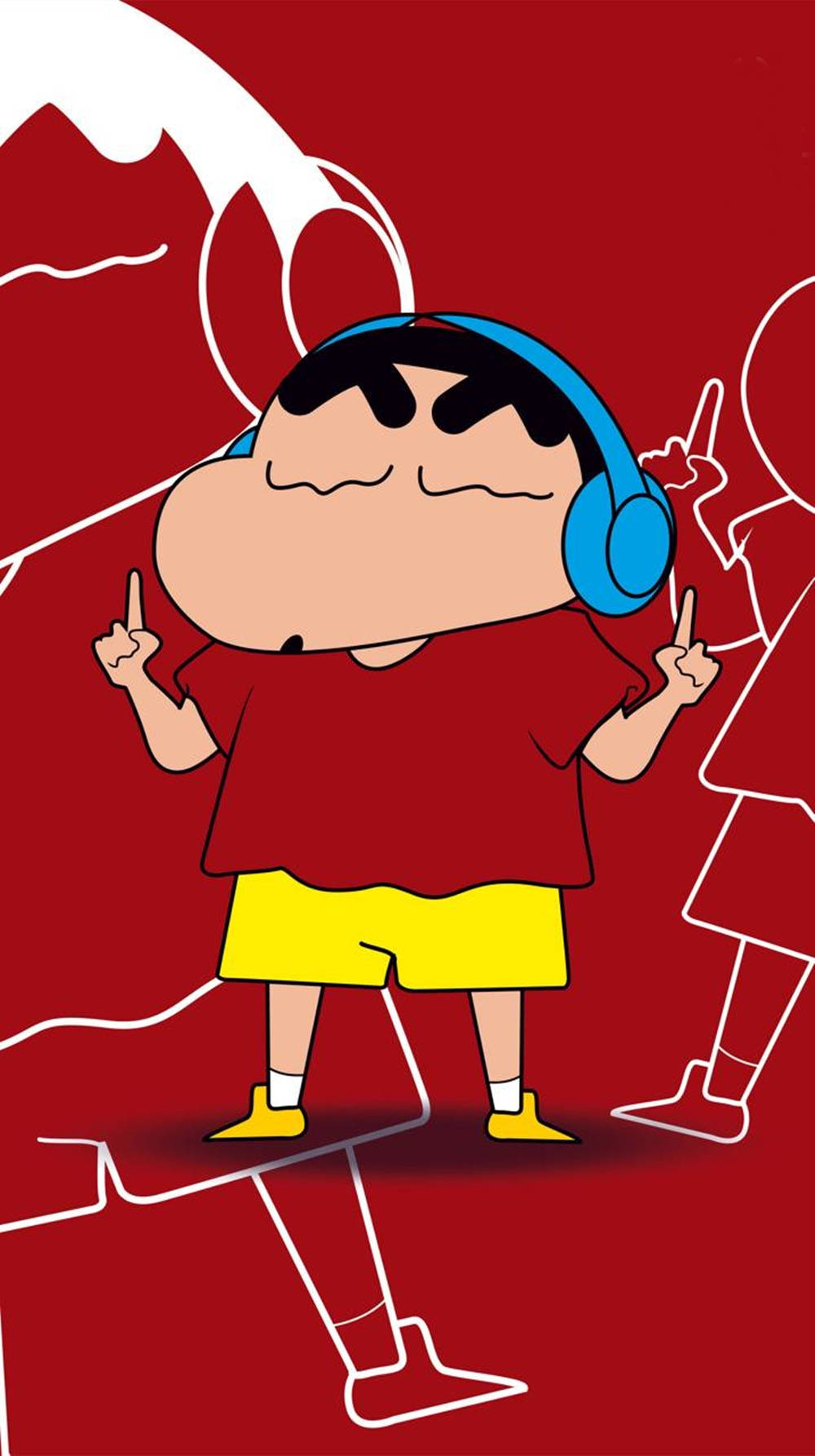 音樂愛好者小新 iPhone 壁紙 — 戴著藍色耳機的蠟筆小新在紅色背景上，有白色山脈輪廓，比著和平手勢跳舞。