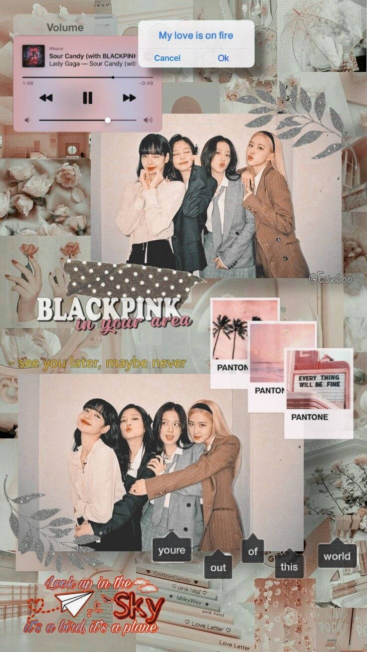 柔和色調的BLACKPINK拼貼牆紙，附有音樂播放器和勵志語句。