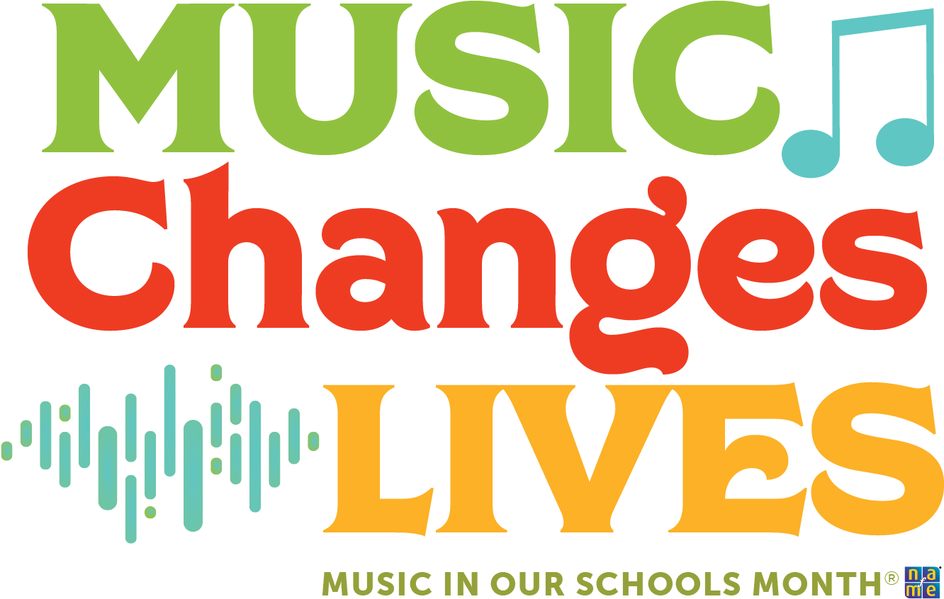 音樂改變人生宣傳活動 壁紙 — 粗體彩色文字寫著「MUSIC Changes LIVES」，並帶有音符和波形圖案，背景為黑色。