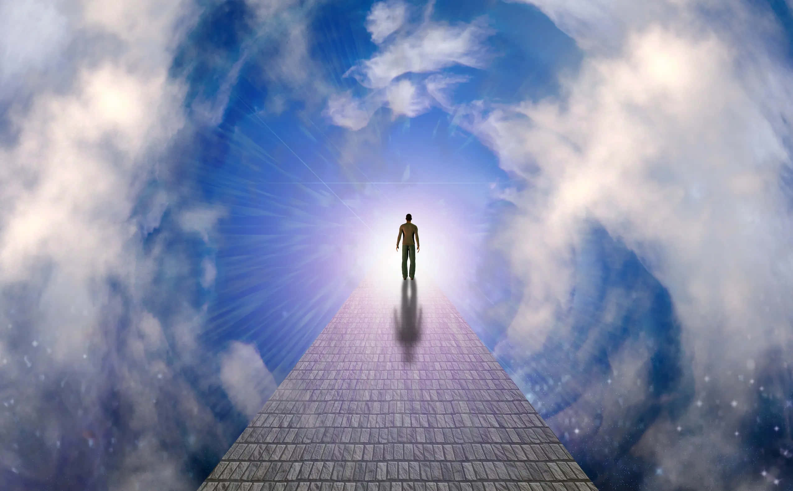 音樂是夢想的語言。 壁紙 — 一個孤獨的身影沿著石徑穿過雲層，走向上方耀眼的藍光。