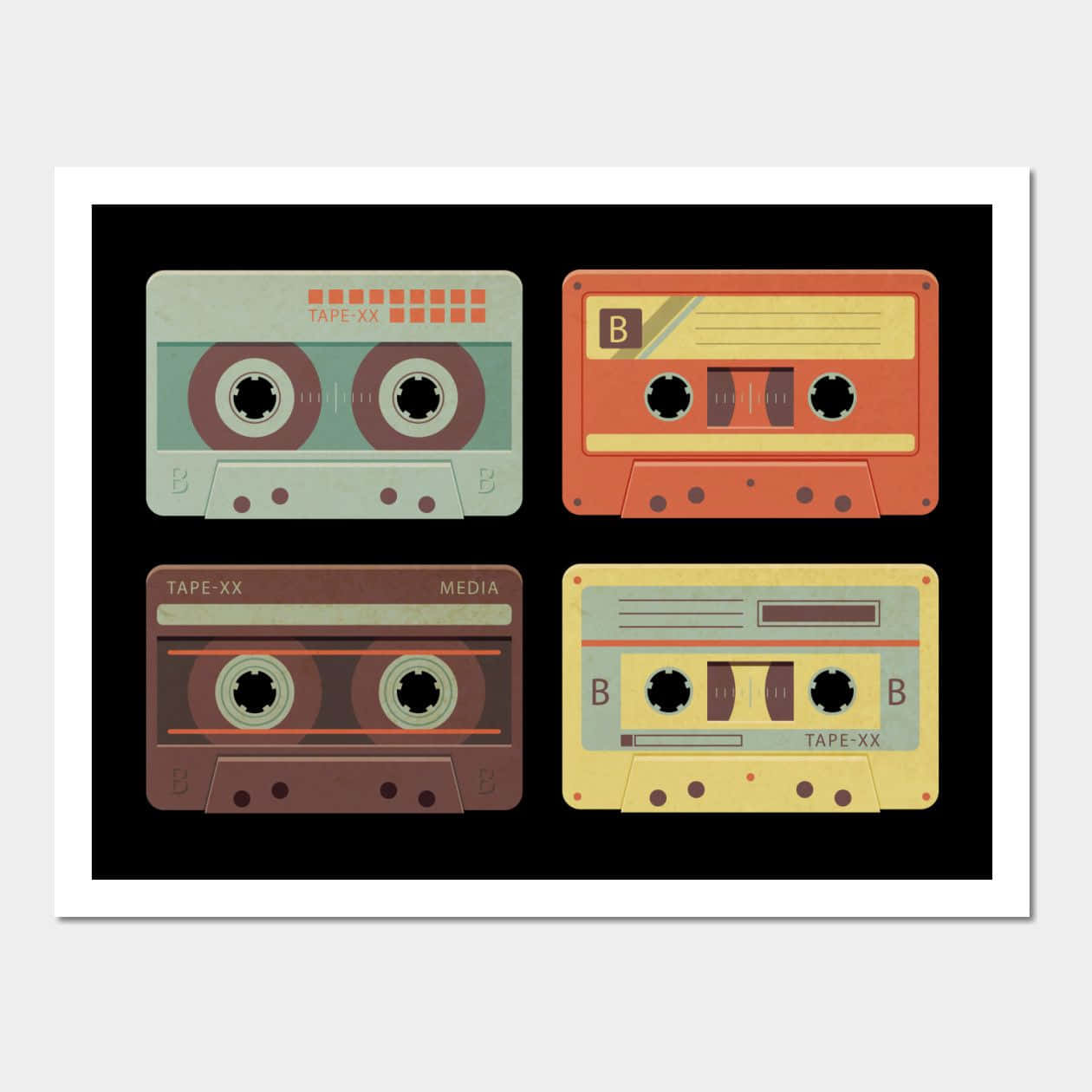 音樂是生命，Mixtape 是你的回憶交響曲 壁紙 — 四盒復古卡式錄音帶以柔和復古色調整齊排列在黑色背景上。