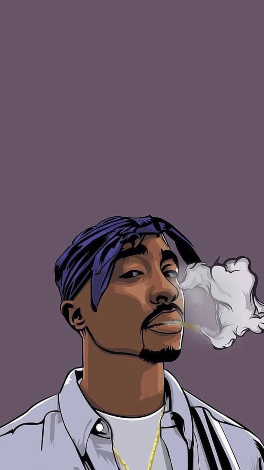 Tupac Shakur在紫色背景上吸煙，帶有煙霧雲。