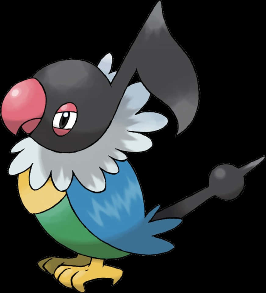 一隻色彩繽紛的卡通鳥，有粉紅色的喙和灰色的頭。