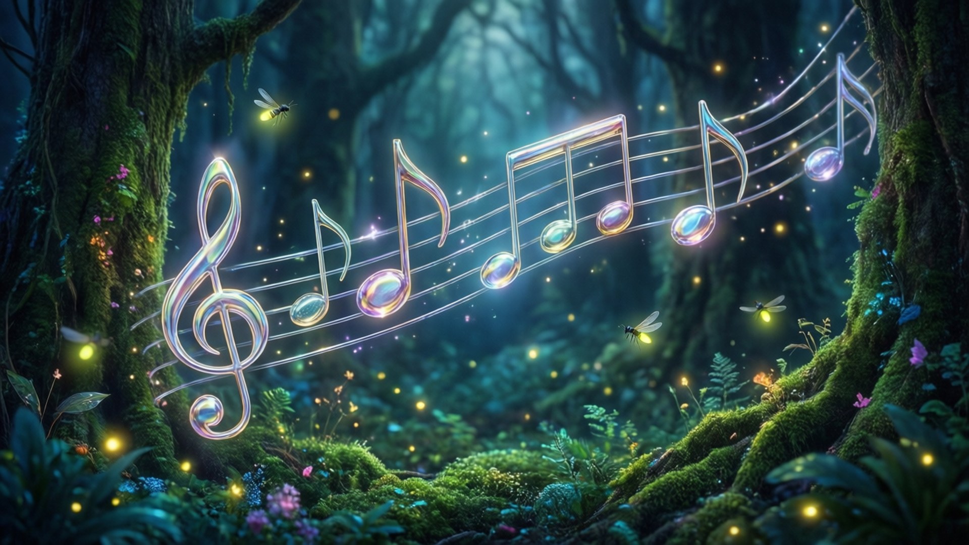 音樂符號森林 壁紙 — 發光的五線譜帶著閃爍的音符，飄過螢火蟲照亮、迷霧籠罩的魔法森林。