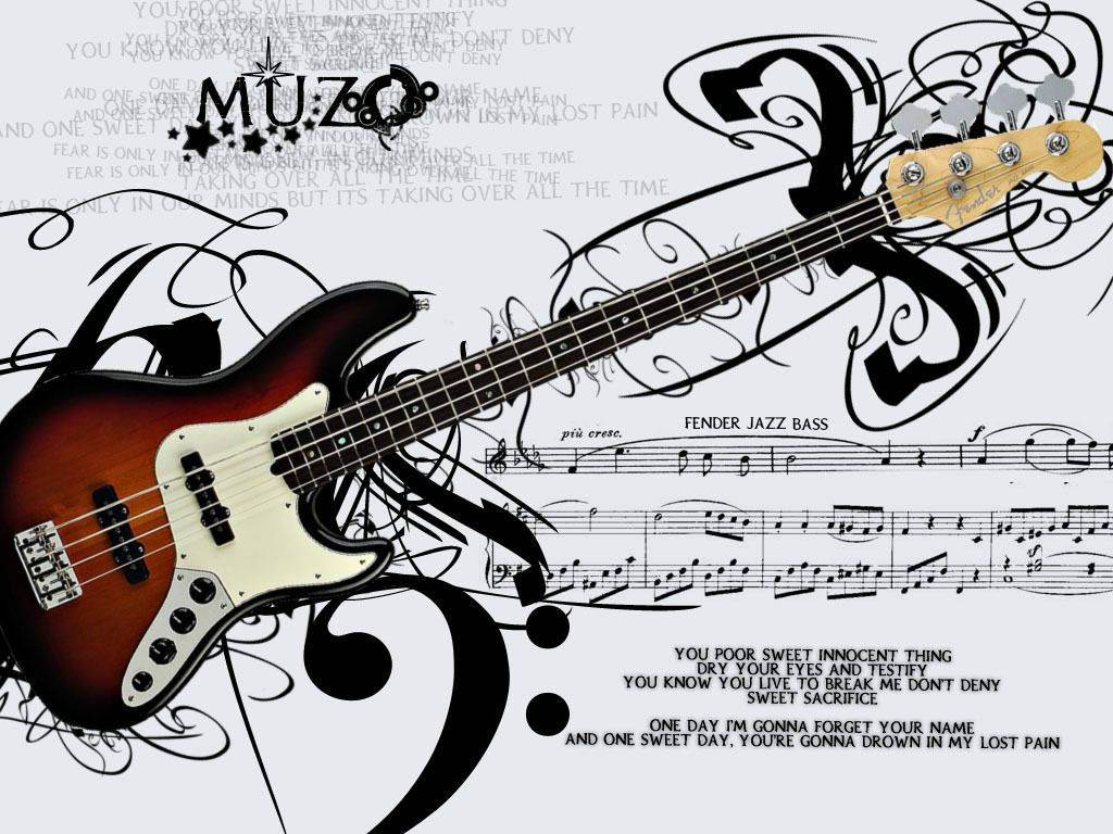 風格化圖形設計中的Fender Jazz Bass結他，帶有音符和歌詞。