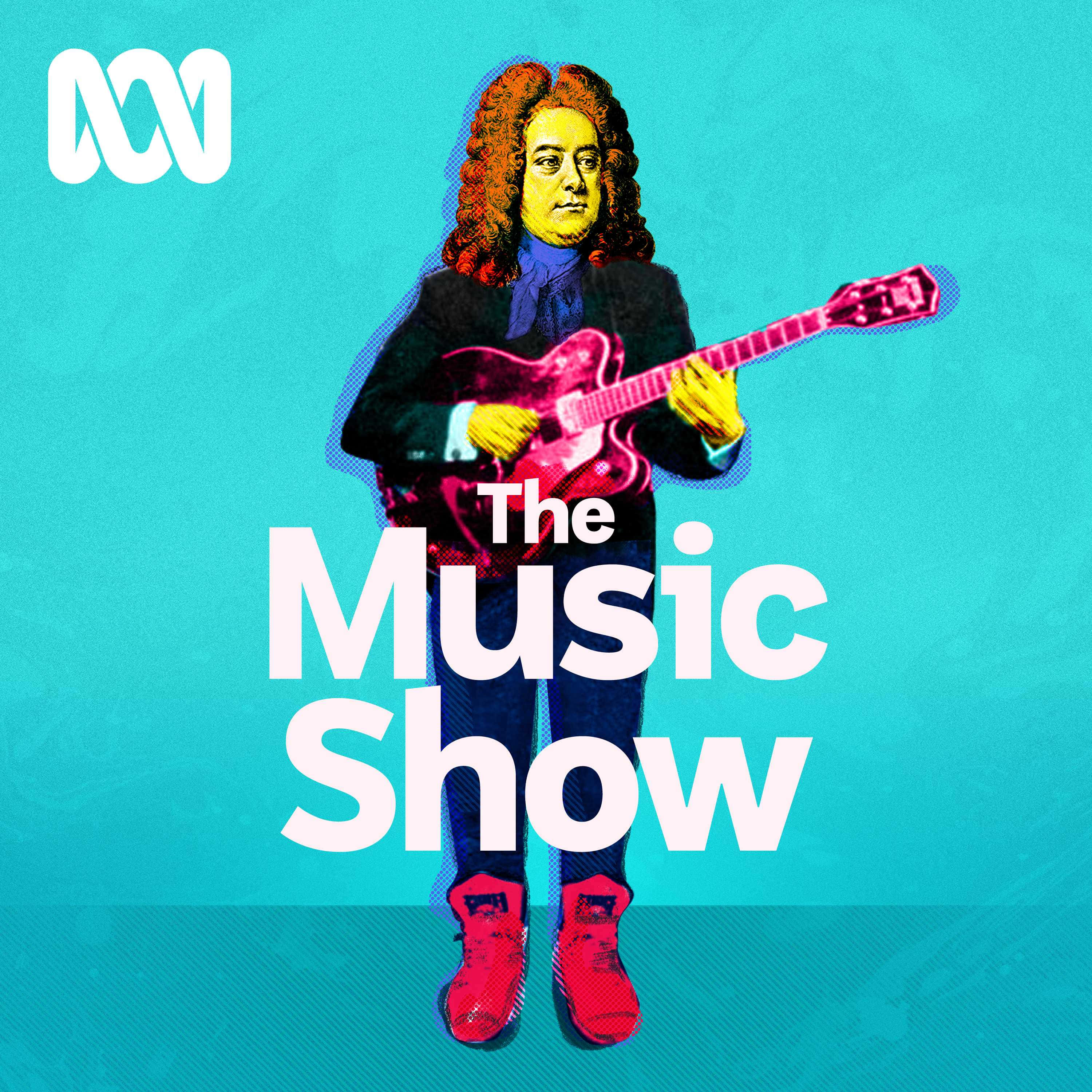 音樂節目《The Music Show》封面 壁紙 — 一個歷史人物的風格化插圖，長捲髮，在青綠色背景前彈奏粉紅色電結他。