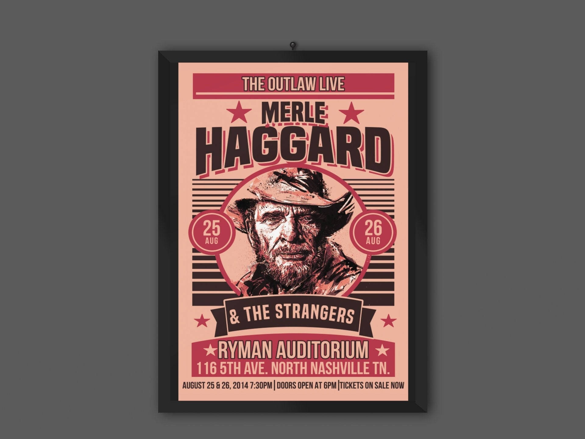 2014年8月25日26日在田納西州納什維爾 Ryman Auditorium 舉行的 Merle Haggard 音樂會海報。