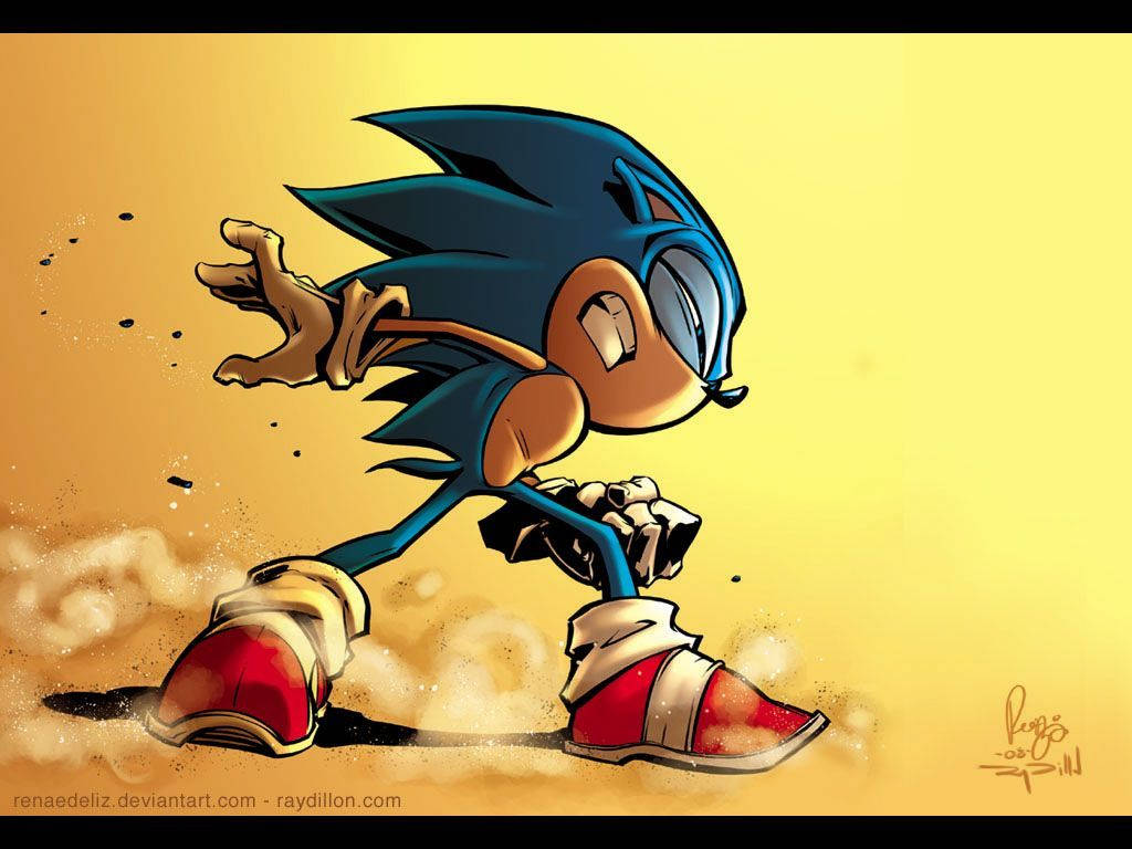 Sonic the Hedgehog 快速奔跑，身後灰塵飛揚。