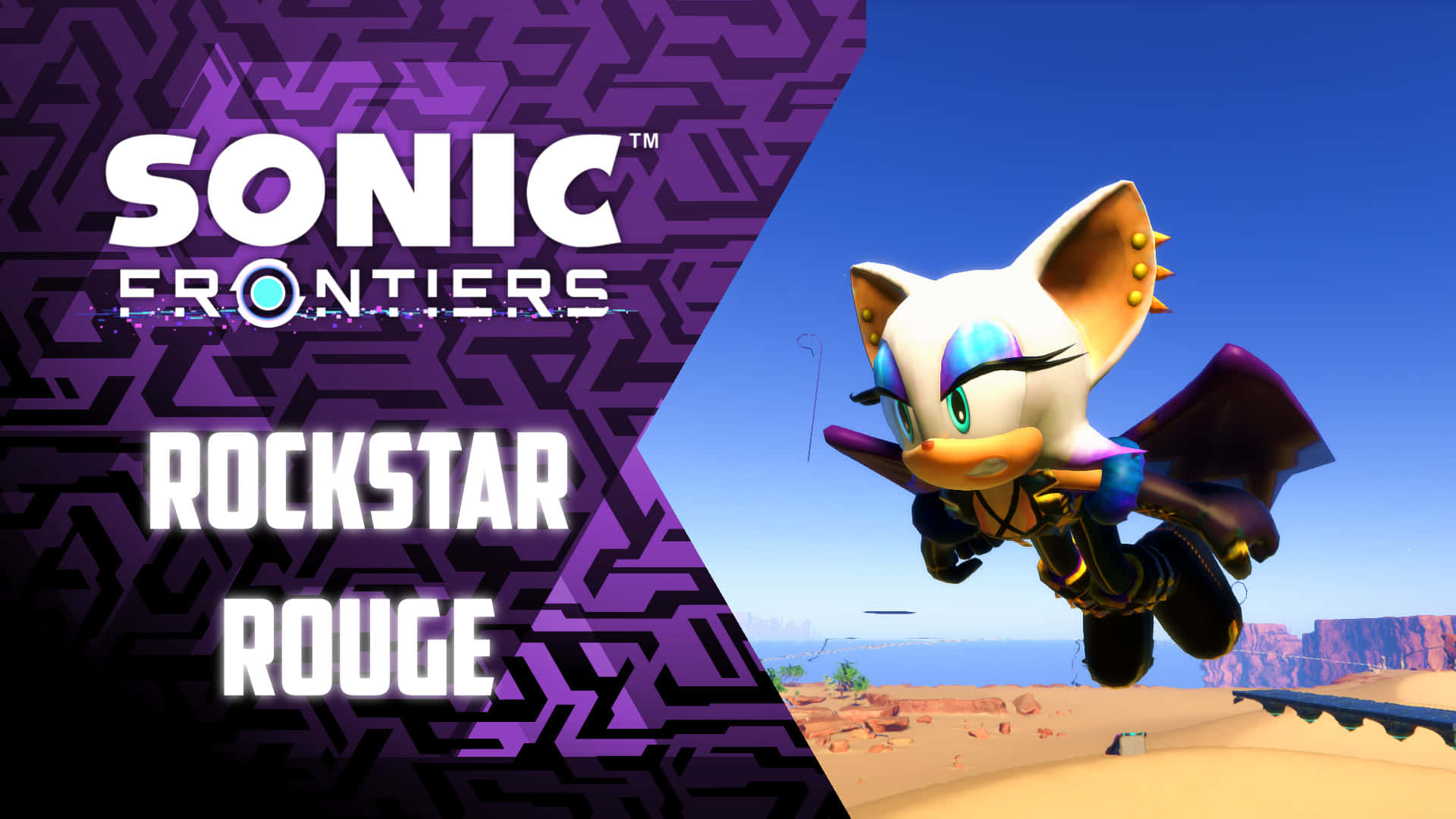 Rouge The Bat 桌布 壁紙 — 《音速小子 邊境》角色 Rockstar Rouge 在晴朗藍天下飛越沙漠峽谷。