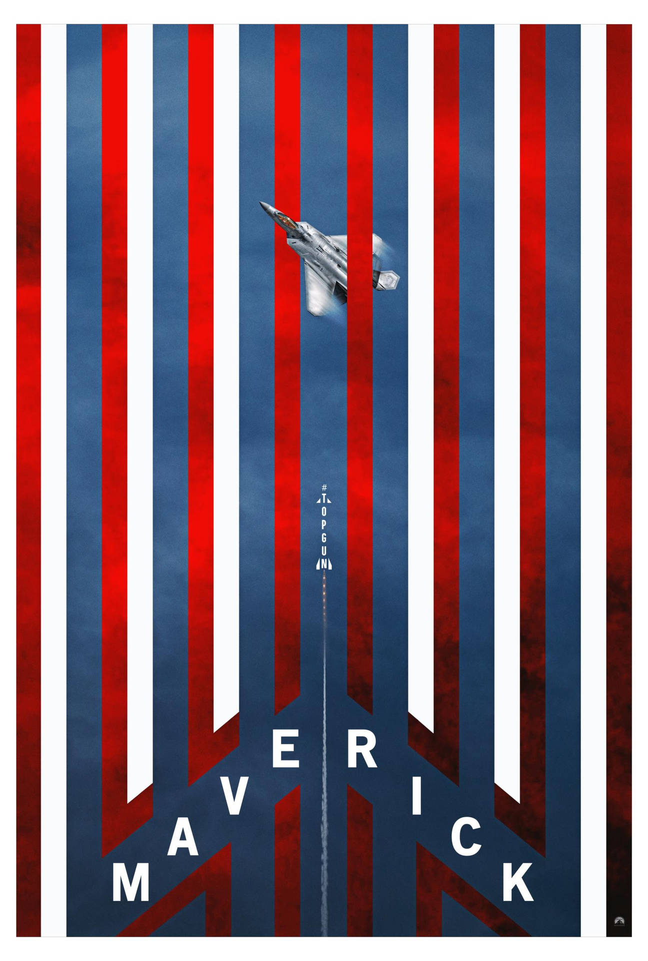 一架戰鬥機在風格化的紅、白、藍條紋天空中飛行，下方有「maverick」一詞。