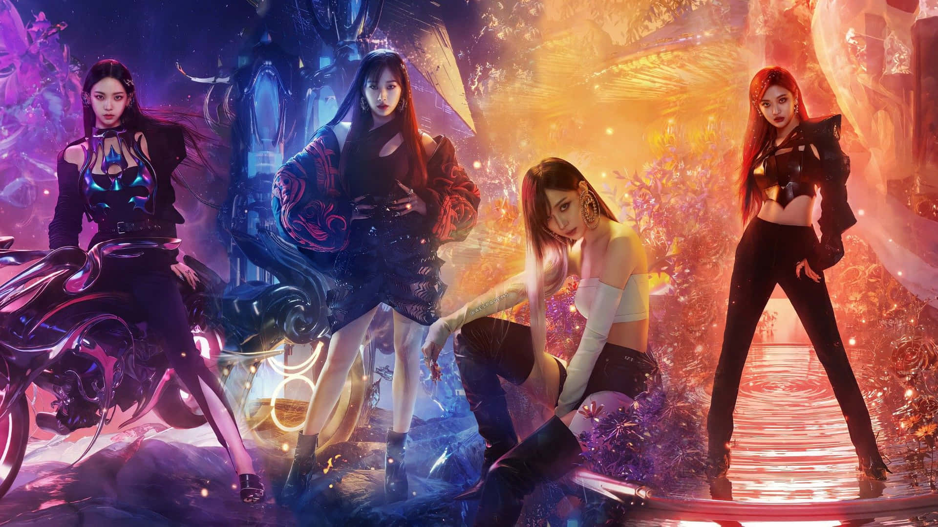 四位穿著未來風格服裝的女性在發光的科幻奇幻場景中擺姿勢。