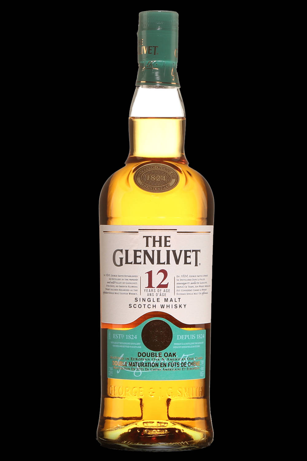 一瓶Glenlivet 12年單一麥芽蘇格蘭威士忌，黑色背景。