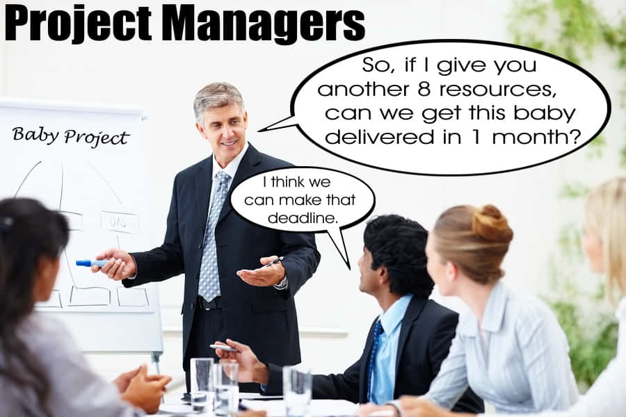 Time Management Memes 桌布 壁紙 — 項目經理幽默地問團隊，增加8個資源能否在一個月內交付「嬰兒項目」。