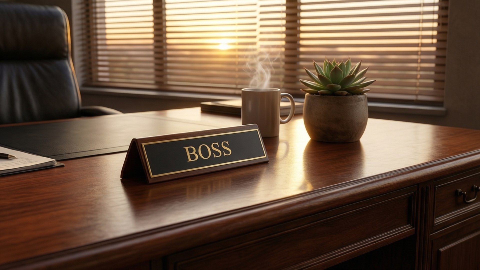 領導者的書桌 壁紙 — 陽光充足的辦公室裡，一張拋光木桌上放著「BOSS」名牌、冒煙的咖啡和一盆多肉植物。