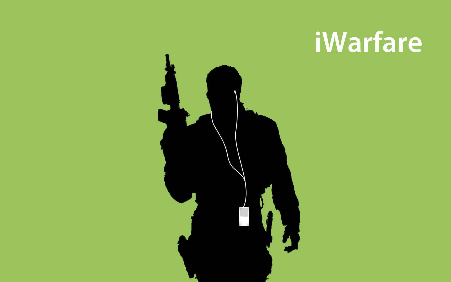 黑色剪影，士兵手持步槍和 iPod，背景為綠色。