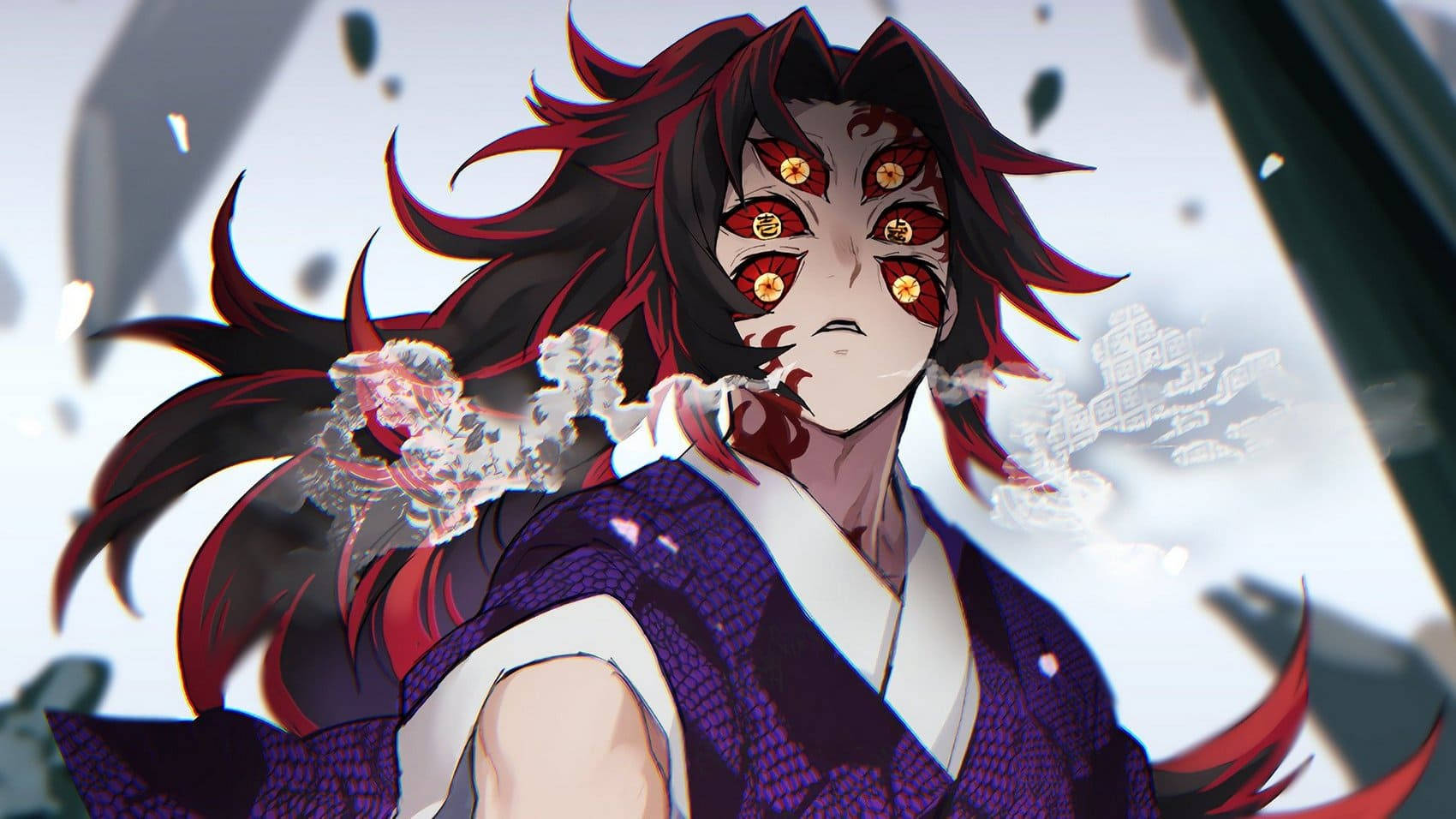 動漫惡魔，紅眼睛，飄逸的頭髮，穿著紫色和服，身處迷霧和碎片中。