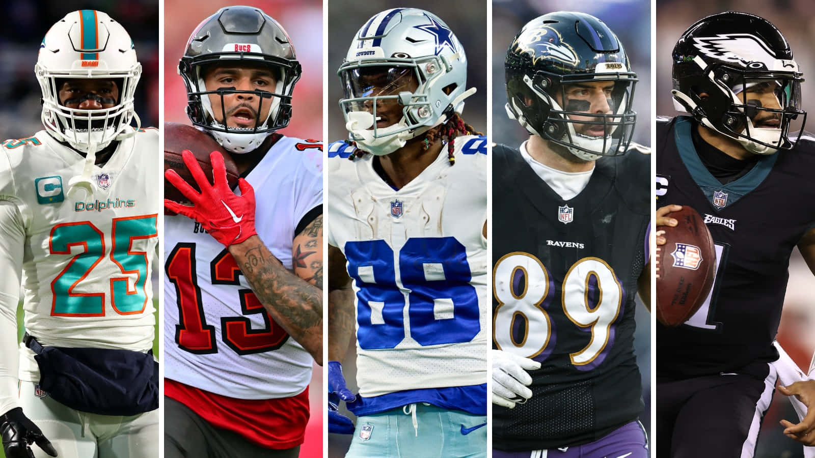 領銜足球運動員Xavien Howard 壁紙 — 五名NFL美式足球運動員全副裝備，在球場背景下擺出強烈姿勢。