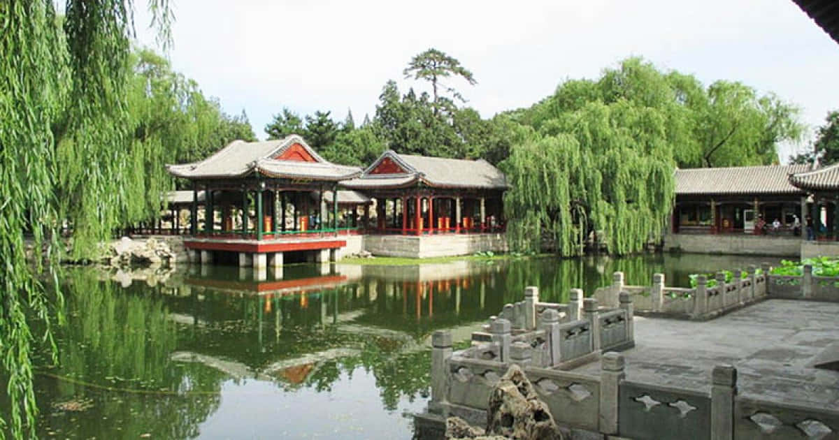 頤和園湖景 壁紙 — 傳統中式亭閣，紅色柱子、灰色屋頂，倒映在垂柳環繞的平靜綠水中。