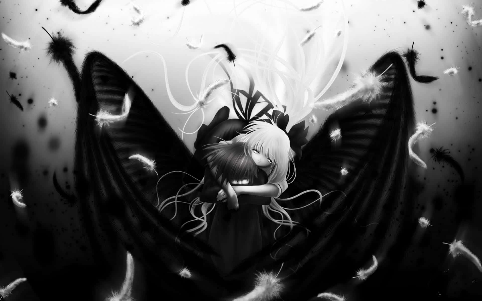 頭低垂的憂鬱動漫男孩 壁紙 — 一個單色動漫女孩，擁有巨大的深色翅膀和白色頭髮，在漂浮的羽毛和旋轉的能量中擁抱自己。