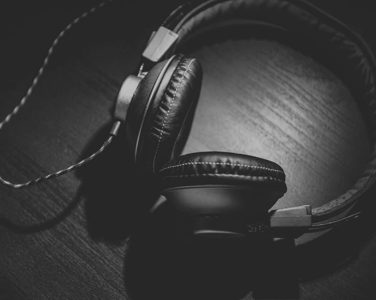 Gaming Headsets 桌布 壁紙 — 頭戴式耳機放在深色木質表面上，呈現出充滿氛圍感的黑白特寫鏡頭。