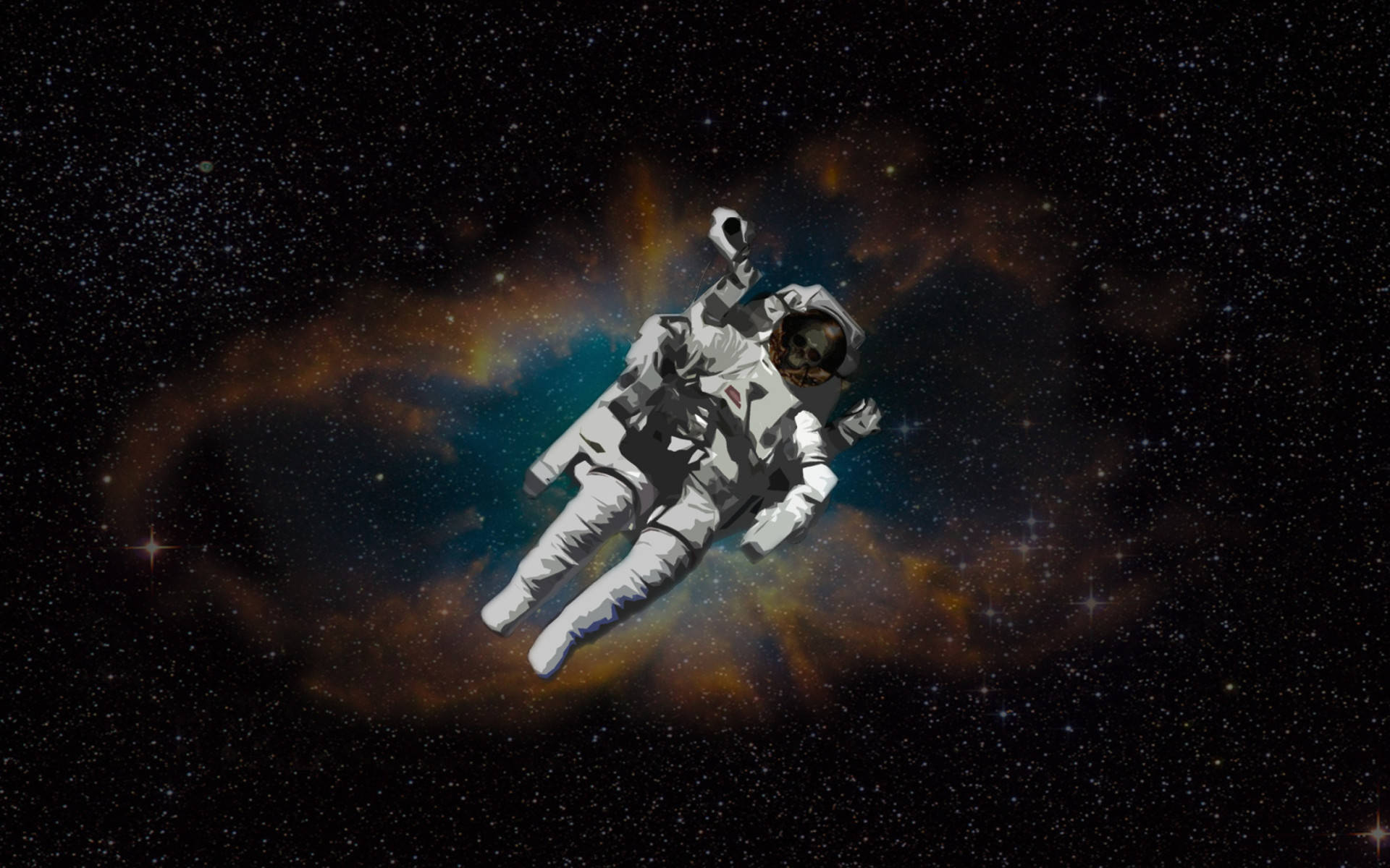 頭戴骷髏頭的太空宇航員 壁紙 — 一名太空人無重漂浮在一個散發橙色和藍色光芒的充滿活力的宇宙星雲前。