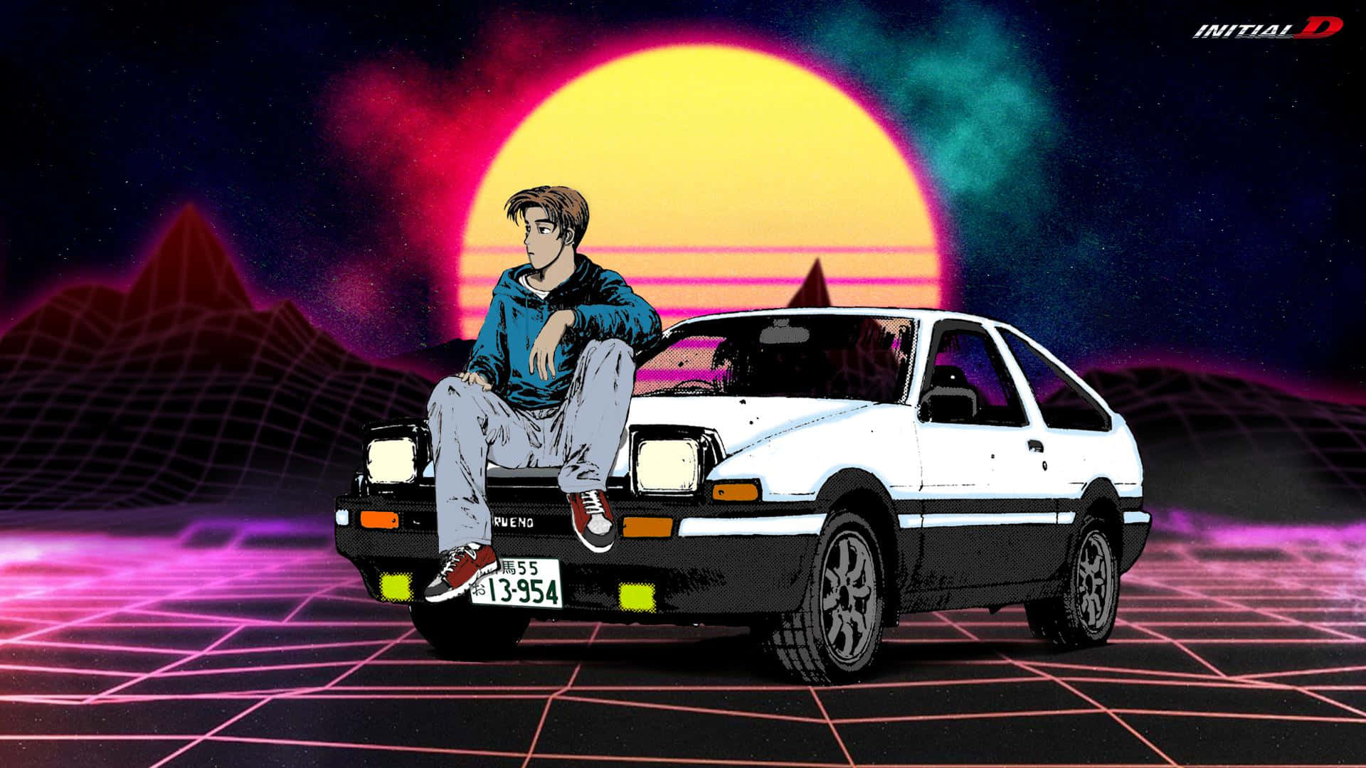 年輕男子坐在白色AE86跑車上，身處霓虹日落景觀。