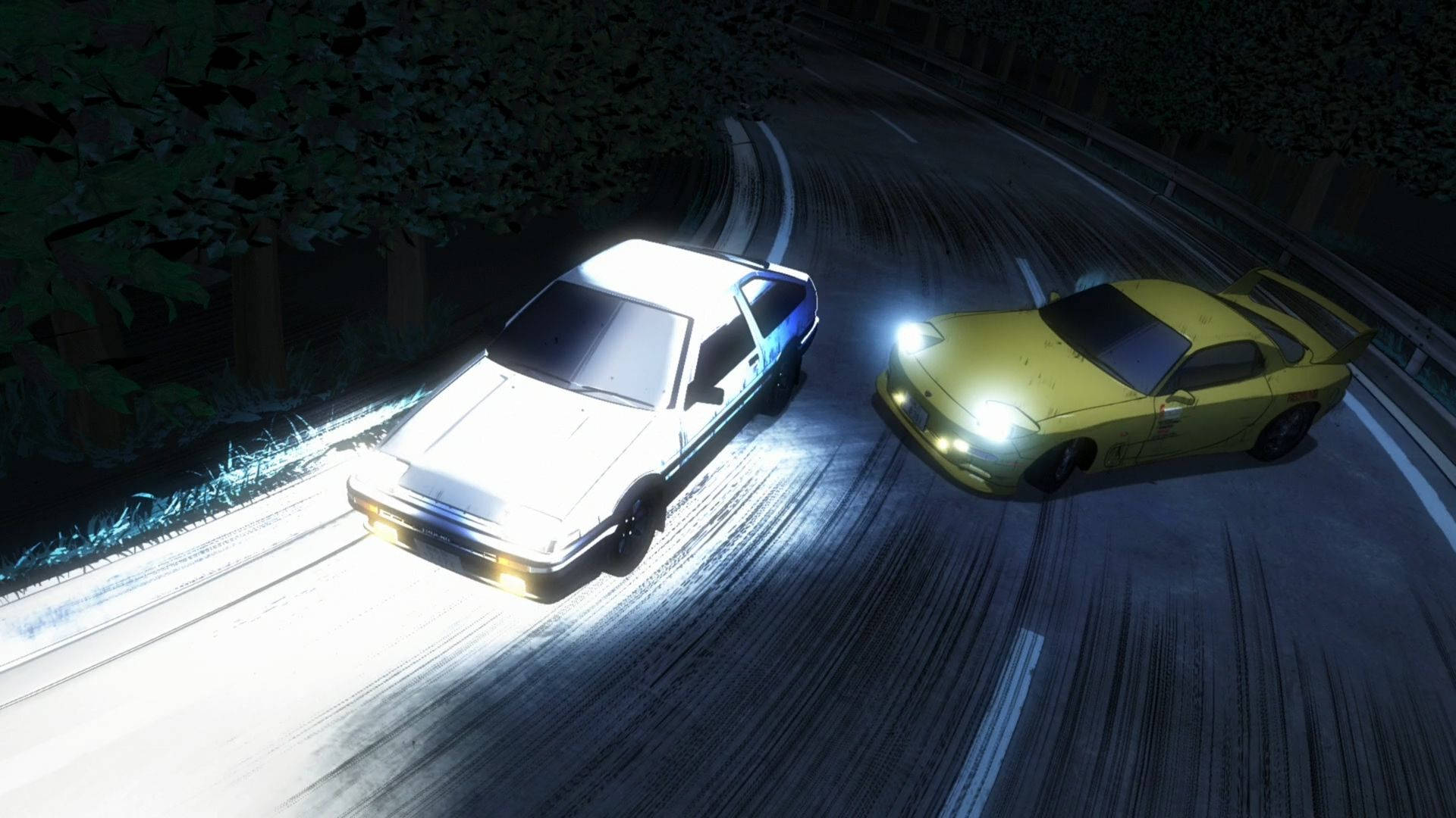 兩輛車在潮濕的夜間彎道漂移，明亮的車頭燈和輪胎水花。