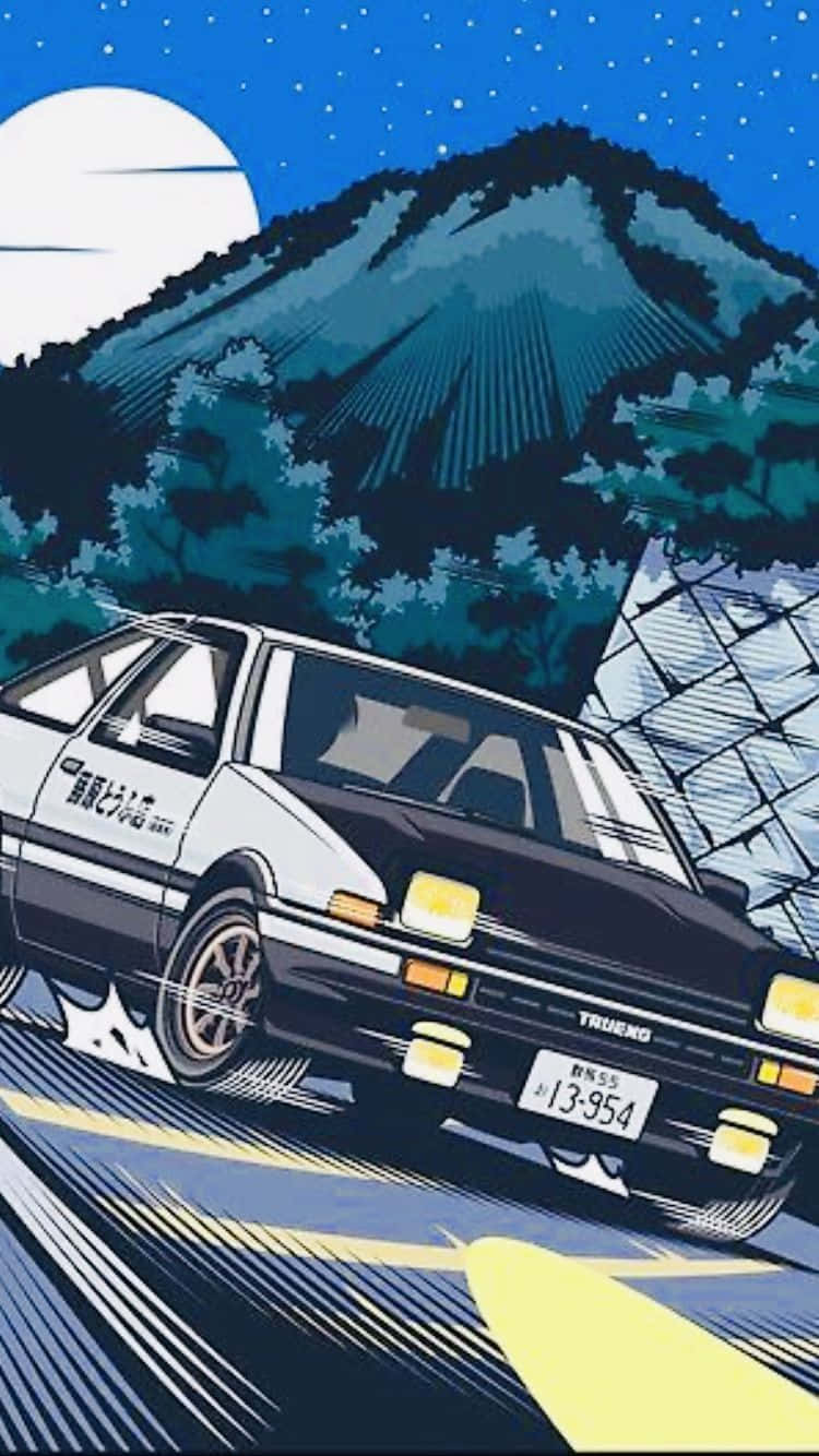 黑白AE86在滿月下、富士山背景的夜晚飄移。