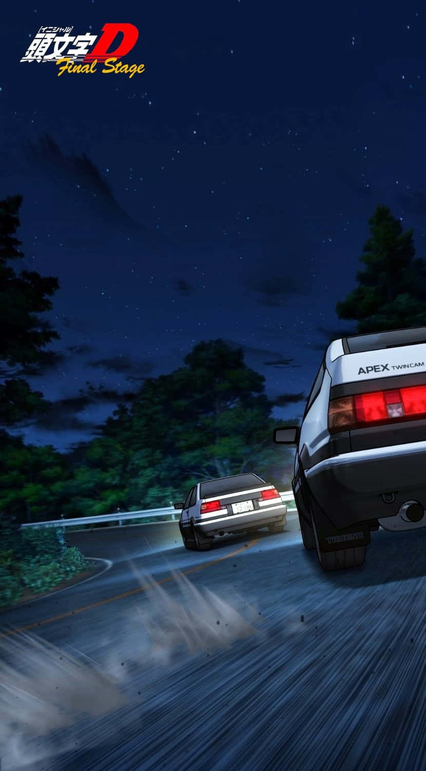 兩輛動漫車在星空下潮濕的夜路上飄移。 — 手機 壁紙