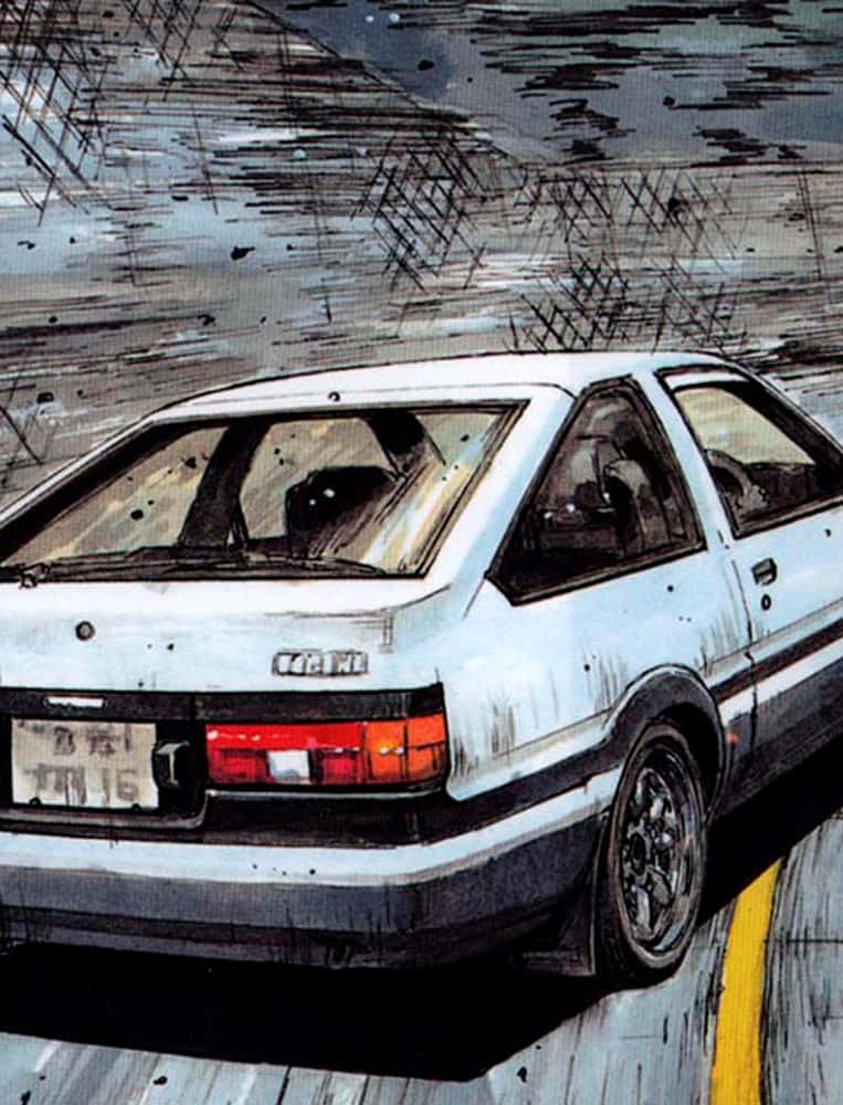 白色AE86汽車在濕滑道路上漂移，帶有動態模糊和雨痕。