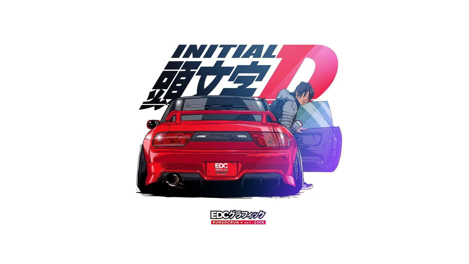 紅色跑車，動漫角色靠在車門上，下方有Initial D標誌。