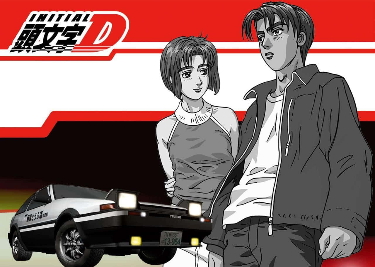 動漫角色與AE86 Trueno汽車，Initial D風格。