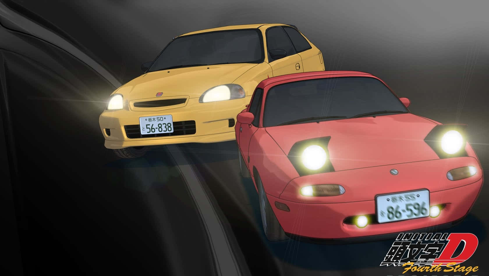 兩輛動漫車在夜間行駛，車頭燈明亮。