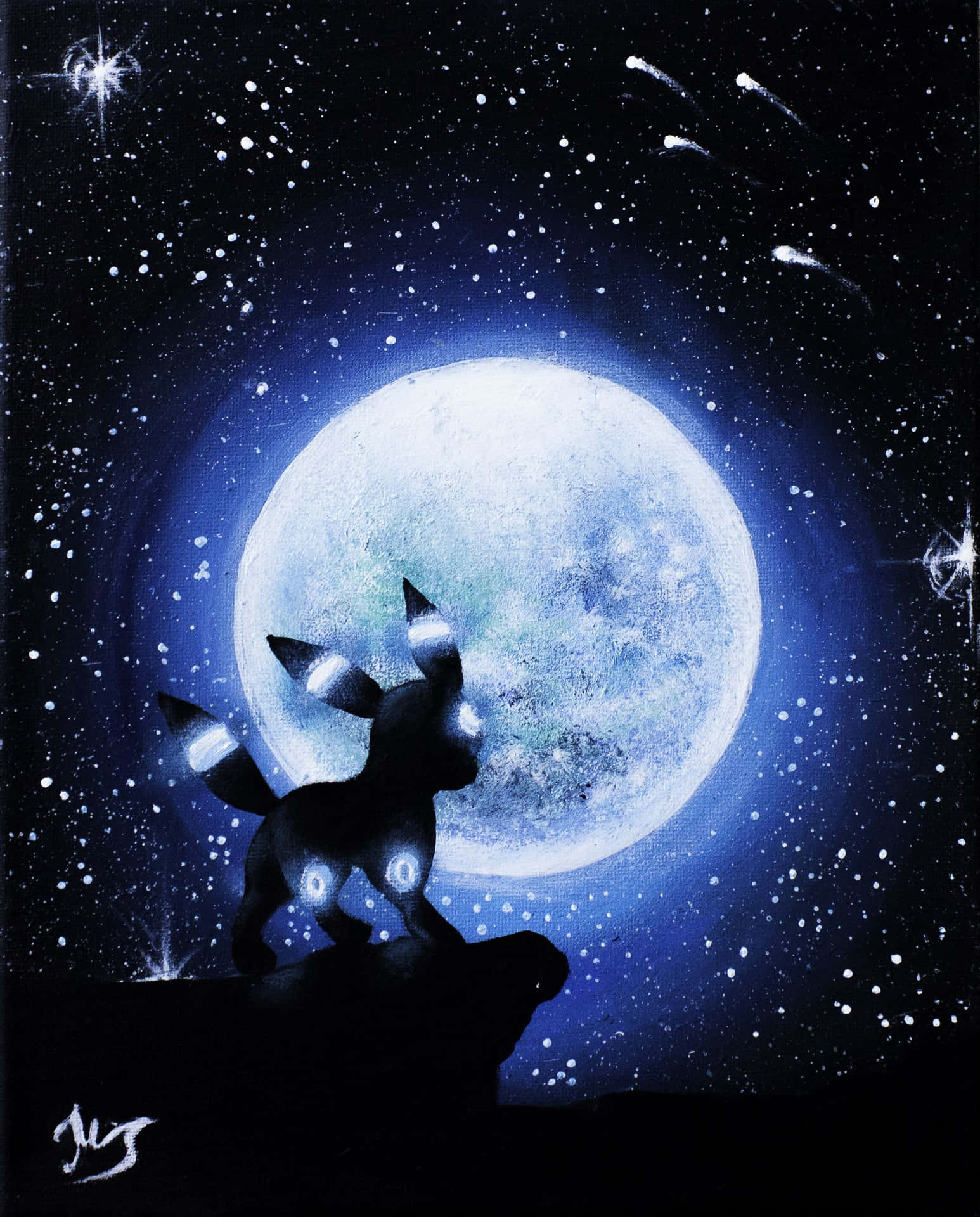 一個發光的寵物小精靈剪影，背景是繁星點點的夜空和一輪明月。